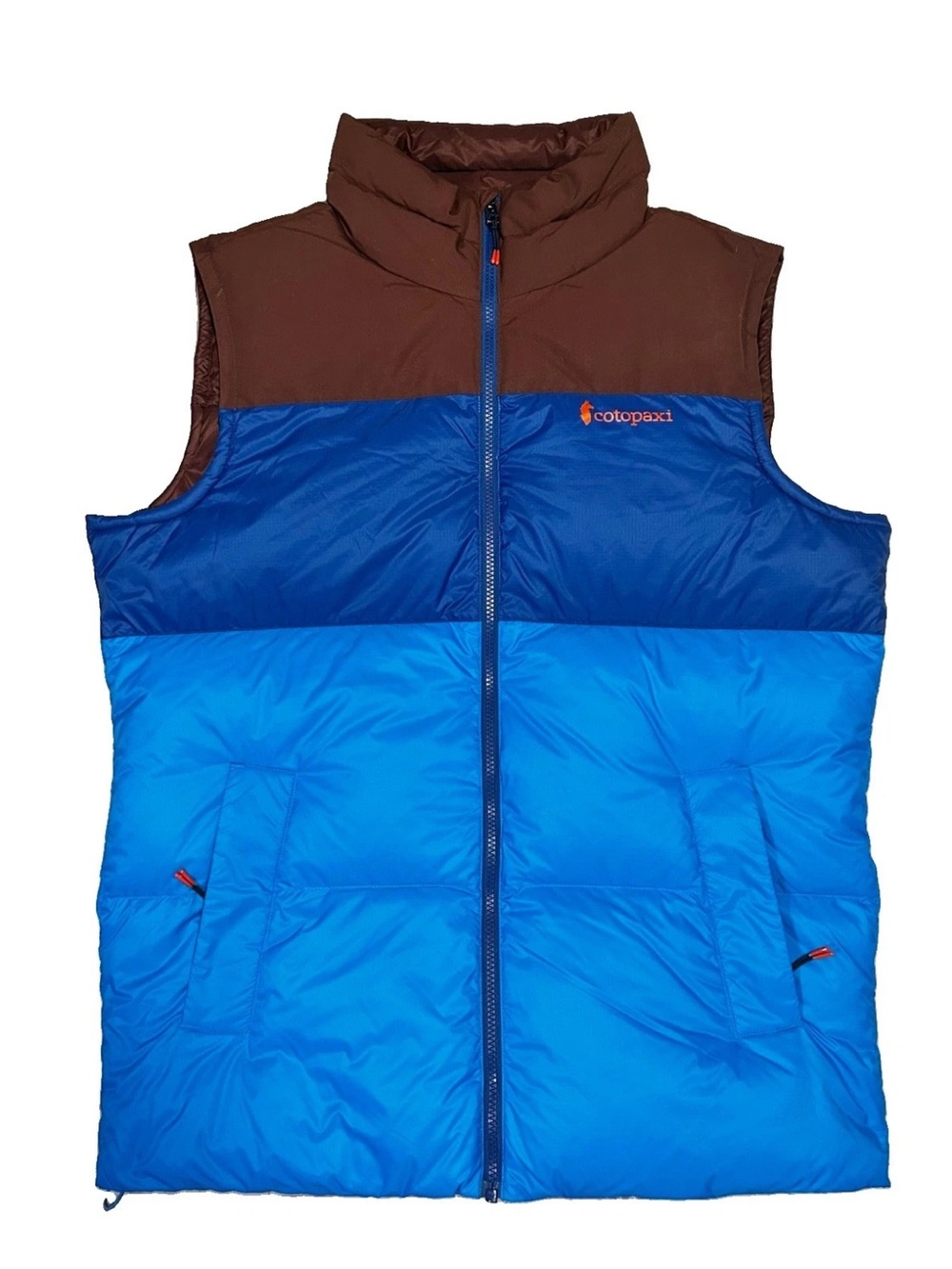 Cotopaxi Solazo Down Vest Men's Puffer Colorblock Brown Blue Full Zip Mens M/L